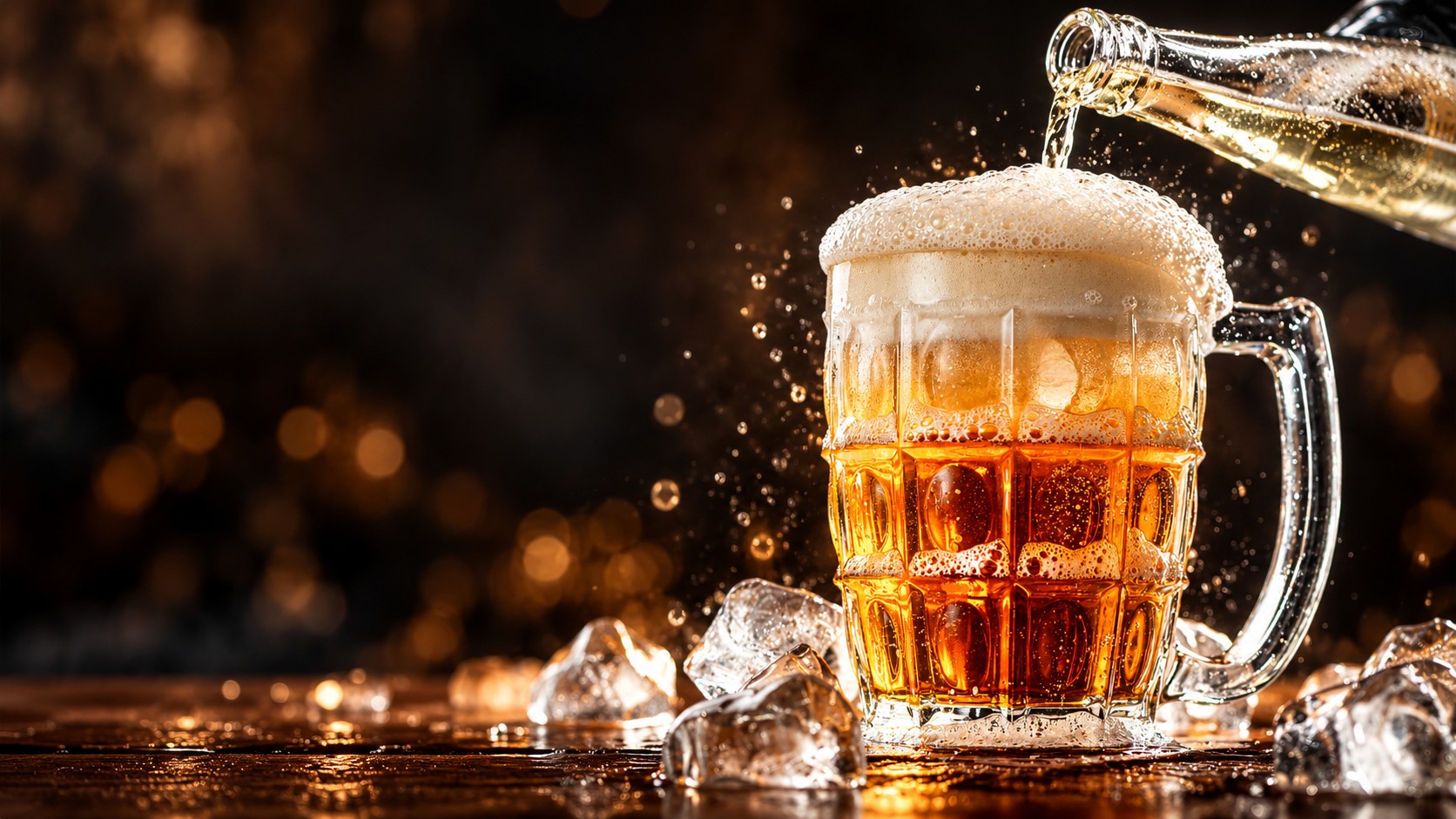 Fruit Beer being poured into a chilled mug, froth rising over the rim
