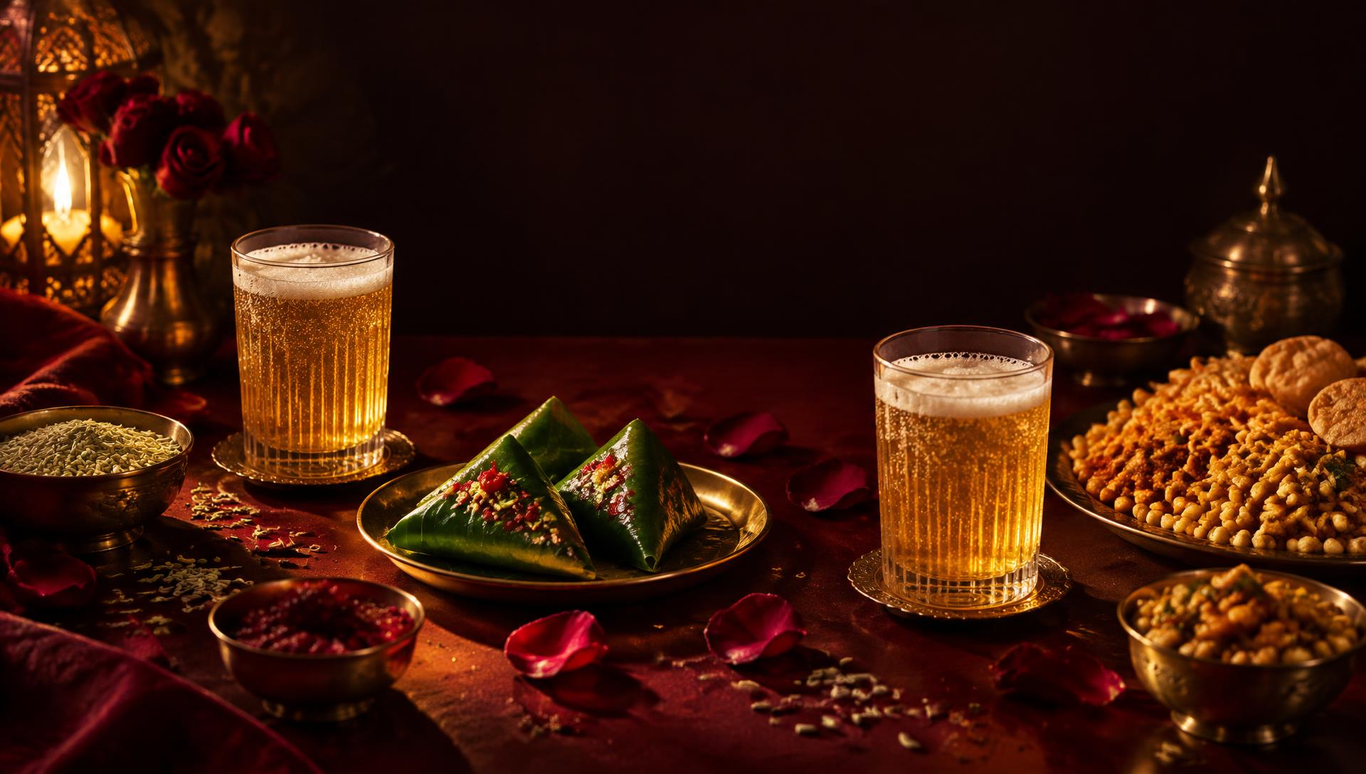 A warm table spread with frothy Fruit Beer, folded paan and snacks