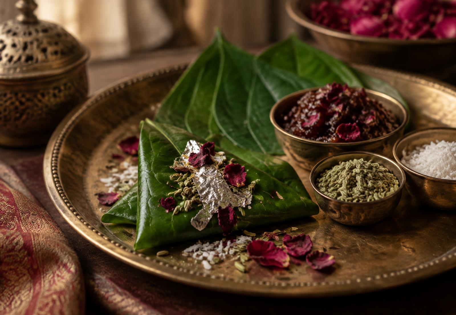 Folded paan with rose petals, fennel and silver varq on a brass plate